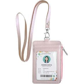 bolimoss 2-in-1 ID Badge Holder & Lanyard Wallet, Leather ID Name Badge with Side Zip Pocket for Teacher, Student, Women Small Wallet with Removable Neck Lanyard, Clear Window, 5 Card Slots,Lime Green