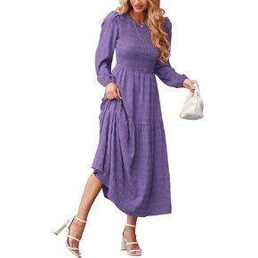 dowerme Women's Dresses 2024 Fall Puff Long Sleeve Crewneck Smocked Tiered Flowy A-Line Boho Wedding Party Maxi Dress