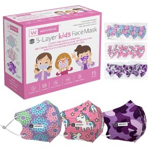5 Ply Small Kids Face Mask for 2-3 Year Olds, 15 Pack, With Adjustable Earloops, Individually Packaged, Disposable