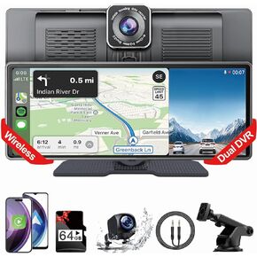 Portable Wireless Car Screen Works with Apple Carplay,Android Auto Car Stereo,10.26'' IPS Car Play Display,2K Front Dash Cam 1080P Backup Camera,DVR Loop Recording,Car GPS Navigation,Bluetooth,AUX,USB