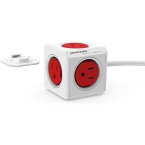 Allocacoc, PowerCube |Extended|, 5 outlets, 5 feet cable, Mounting dock, Surge Protection, Childproof Sockets, ETL Certified (Red)