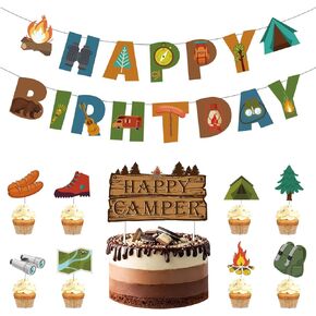 Camping Birthday Party Decoration Kit Banner Cake Topper Happy Camper Party Decorations for Baby Shower Boys Girls Adults Kids Camping Theme Happy Birthday Banner