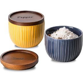 Ceramic Salt and Pepper Bowls: 10 oz Stackable Spice Cellar with Wooden Lid - Stacked Seasoning Storage Containers for Kitchen Countertop - Grey & White, Set of 2
