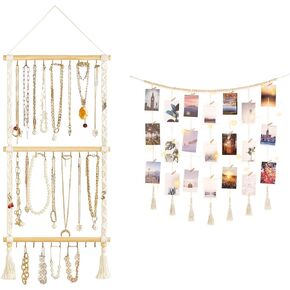 Dahey Boho Wall Hanging Decor - Macrame Necklace Holder with 30 Hooks, Photo Display Wall with Light and Clips, Dorm Bedroom Living Room Teen Girl Women, 2 PCS