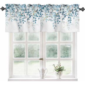 Spring Summer Kitchen Curtains Valances, Eucalyptus Leaves Hydrangea Sunmmer Farm Floral Plants Rod Pocket Short Window Curtains for Cafe, Bedroom, Bathroom, 1 Panel, 42" X 12"