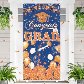 2024 Graduation Porch Door Decorations Orange Blue Class of 2024 Congrats Grad Porch Sign Banner, Orange Blue Graduation Decorations Porch Sign Banner for 2024 Graduation Party Supplies 70.8*11.8 inch