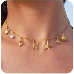 Initial Beach Charm Necklace for Women, Boho Summer Beach 26 Letter Shell Starfish Pendant Necklaces Clavicle for Teen Girls Holiday Jewelry Gifts