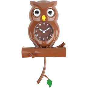 Lily's Home Pendulum Owl Clock with Revolving Eyes and Swinging Branch, Battery Powered and Wall Mountable, Wonderful and Whimsical Addition to Themed Bedroom Décor, Brown (15 Inches)
