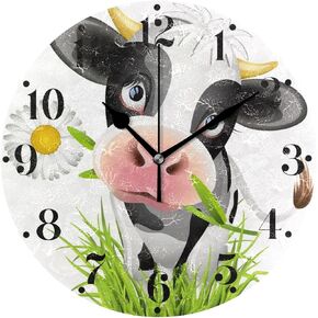 Cute Holstein Cow Wall Clock Silent Non Ticking Round Wall Hanging Clock Battery Operated Gold Hands Decorative Wall Clocks for Bedroom Living Room Kitchen Office School