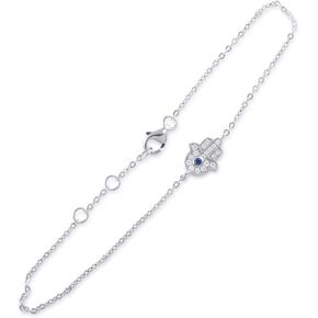 Sterling Silver Womens Dainty Blue Cz Evil Eye Hand Hamsa Charm Bracelet Girls Hamsa Bracelet