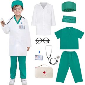 Doctor Costume for Kids Scrubs Pretend Play Kit Doctor Lab Coat Costumes with Stethoscope Halloween Doctor Dress up