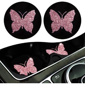 UGSHY 2 PCS Bling Car Beautiful Butterfly Water Coaster, 2.75" Round Rhinestone Dreamy Cup Holder Decoration, Non-Slip Insulated Beverage Coffee Coaster, Universal for Car Accessory (Pink & Black)