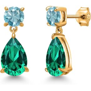 Gem Stone King 18K Yellow Gold Plated Silver Green Nano Emerald and Blue Zircon Teardrop Dangle Drop Earrings For Women (7.28 Cttw, Gemstone Birthstone, Pear Shape 12x8MM, Round 6MM)