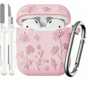 متوافق مع حافظة Airpods - حافظة سيليكون ناعمة منقوشة بالزهور لحافظة Airpods الجيل الثاني - حافظة لطيفة لحافظة Airpods الجيل الأول/الثاني مع مجموعة منظف وسلسلة مفاتيح (وردي) in Kuwait