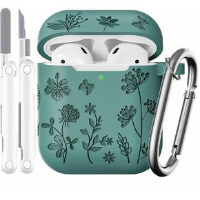 Compatible with Airpods Case - Flower Engraved Soft Silicone Case for Airpods 2nd Generation Case - Cute Case for Airpods Case 1st/2nd Generation with Cleaner Kit & Keychain (Pine Green)