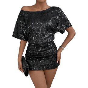 OYOANGLE Women's Sequin Ruched Short Sleeve Round Neck Bodycon Pencil Short Dress Sparkle Glitter Party Club Dresses