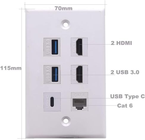 لوحة حائط بـ 6 منافذ، HDMI وUSB وRJ45 أنثى إلى أنثى لوحة مقبس كيستون، 2 منافذ HDMI 4K + 2 منفذ USB 3.0 + 1 منفذ USB3.1 نوع C + 1 منفذ CAT6 RJ45 لوحة حائط مقبس مخرج in Saudi Arabia