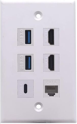 لوحة حائط بـ 6 منافذ، HDMI وUSB وRJ45 أنثى إلى أنثى لوحة مقبس كيستون، 2 منافذ HDMI 4K + 2 منفذ USB 3.0 + 1 منفذ USB3.1 نوع C + 1 منفذ CAT6 RJ45 لوحة حائط مقبس مخرج in Saudi Arabia