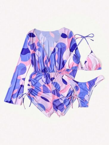 OYOANGLE Women's 3 Pieces Bikini Set Swimsuit All Over Print Triangle Bikini Swimwear with Cover Up in Saudi Arabia