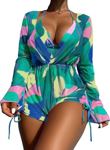 OYOANGLE Women's 3 Pieces Bikini Set Swimsuit All Over Print Triangle Bikini Swimwear with Cover Up in Saudi Arabia