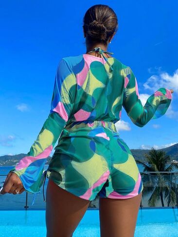 OYOANGLE Women's 3 Pieces Bikini Set Swimsuit All Over Print Triangle Bikini Swimwear with Cover Up in Saudi Arabia