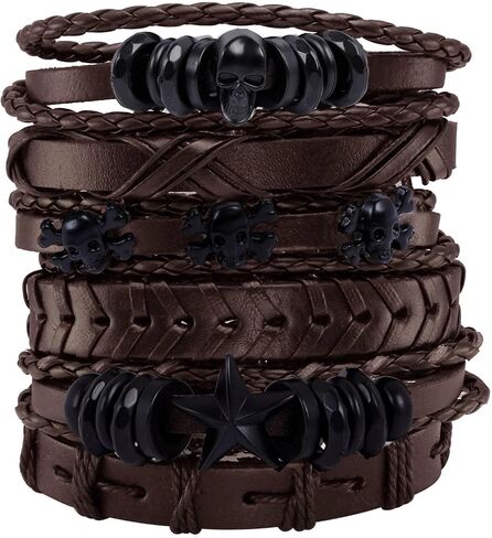 Milakoo 6Pcs Men Braided Leather Bracelet Black Punk Rock Skull Bracelet in Saudi Arabia