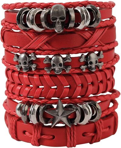 Milakoo 6Pcs Men Braided Leather Bracelet Black Punk Rock Skull Bracelet in Saudi Arabia