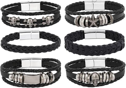 Milakoo 6Pcs Men Braided Leather Bracelet Black Punk Rock Skull Bracelet in Saudi Arabia