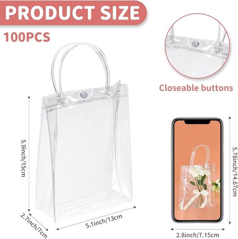 Odseciran Clear Plastic Gift Bags with Handle, 100 Pcs Transparent Reusable Tote Bags Small Gift Wrap Goodie Bags for Party Wedding Birthday Boutique Shopping Baby Shower (5.1 x 5.9 x 2.7 Inch) in Saudi Arabia