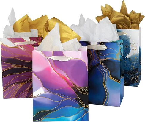 Homeadow Bags - 4 Pcs Assorted Gift Bags, Medium Size (9"x7") - Assorted with 4 Different Designs, Laminated Cardboard, Gold Foil, includes 8 tissue papers - Golden Blossom in Saudi Arabia