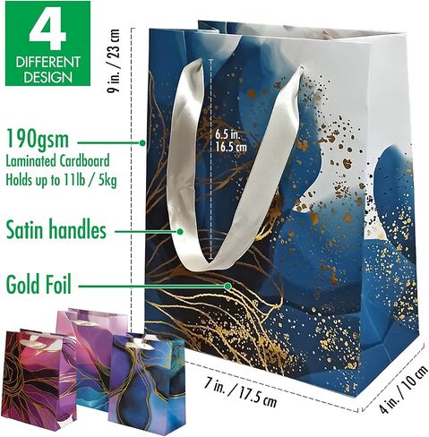 Homeadow Bags - 4 Pcs Assorted Gift Bags, Medium Size (9"x7") - Assorted with 4 Different Designs, Laminated Cardboard, Gold Foil, includes 8 tissue papers - Golden Blossom in Saudi Arabia