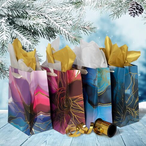 Homeadow Bags - 4 Pcs Assorted Gift Bags, Medium Size (9"x7") - Assorted with 4 Different Designs, Laminated Cardboard, Gold Foil, includes 8 tissue papers - Golden Blossom in Saudi Arabia