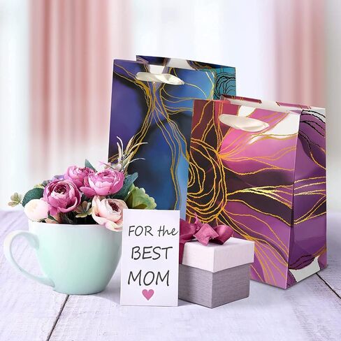 Homeadow Bags - 4 Pcs Assorted Gift Bags, Medium Size (9"x7") - Assorted with 4 Different Designs, Laminated Cardboard, Gold Foil, includes 8 tissue papers - Golden Blossom in Saudi Arabia