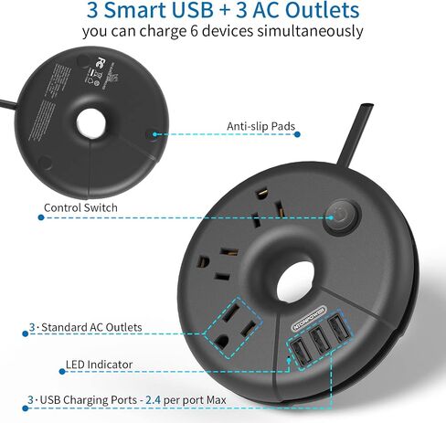 NTONPOWER Flat Extension Cord 3Feet, Travel Extension Cord with 3 USB Ports, Black Power Strip Flat Plug, On/Off Switch, Flat Outlet Extender for Home, Dorm, Hotel, Cruise Ship Essentials in Saudi Arabia