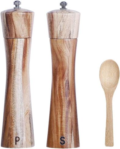Wooden Salt and Pepper Grinder Set, Manual Pepper Grinder with Wood Spoon, Adjustable Coarseness and 3OZ Capacity for Kitchen, Pack of 2 in Saudi Arabia