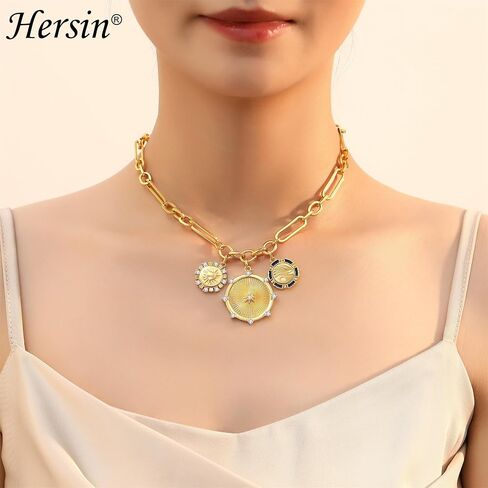 Hersin Chunky Gold Heart Necklace for Women Girls 18k Gold Minimalist Sun Heart Shaped Pendant Necklace Big Paperclip Chain Hip Hop Choker Heart Necklace Jewelry Gifts for Women Teen Girls in Saudi Arabia