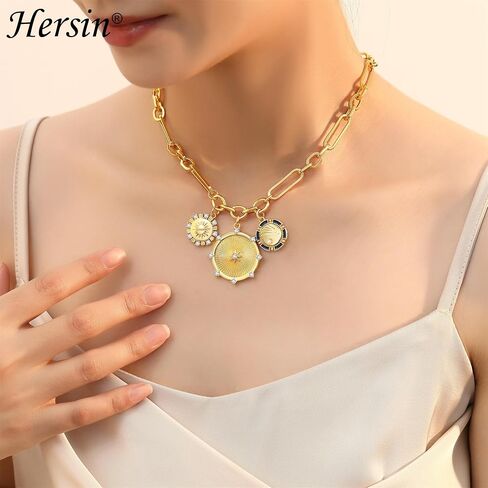 Hersin Chunky Gold Heart Necklace for Women Girls 18k Gold Minimalist Sun Heart Shaped Pendant Necklace Big Paperclip Chain Hip Hop Choker Heart Necklace Jewelry Gifts for Women Teen Girls in Saudi Arabia