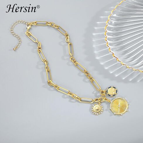 Hersin Chunky Gold Heart Necklace for Women Girls 18k Gold Minimalist Sun Heart Shaped Pendant Necklace Big Paperclip Chain Hip Hop Choker Heart Necklace Jewelry Gifts for Women Teen Girls in Saudi Arabia