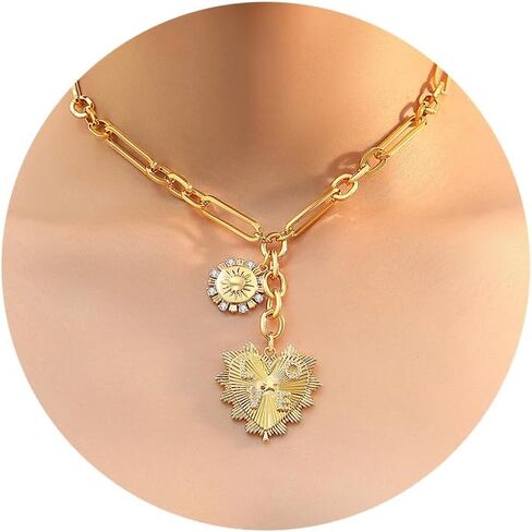 Hersin Chunky Gold Heart Necklace for Women Girls 18k Gold Minimalist Sun Heart Shaped Pendant Necklace Big Paperclip Chain Hip Hop Choker Heart Necklace Jewelry Gifts for Women Teen Girls in Saudi Arabia