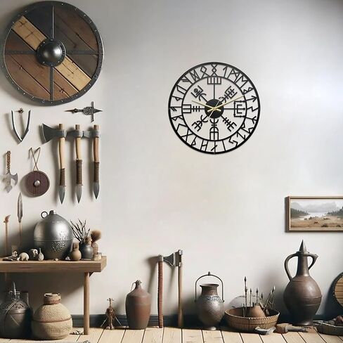 Unique Viking Decor Metal Black Wall Clock 13.5x13.5 Inches, Norse Pagan Decorative Clocks for Walls,Viking Gifts for Men, Matte Paint Metal Wall Clocks for Living Room Decor in Saudi Arabia
