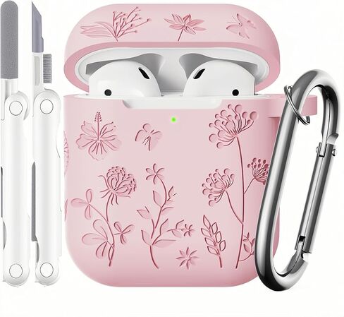 متوافق مع حافظة Airpods - حافظة سيليكون ناعمة منقوشة بالزهور لحافظة Airpods الجيل الثاني - حافظة لطيفة لحافظة Airpods الجيل الأول/الثاني مع مجموعة منظف وسلسلة مفاتيح (وردي) in Kuwait
