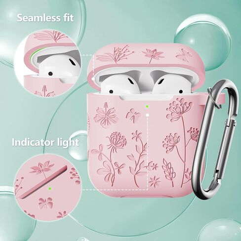 متوافق مع حافظة Airpods - حافظة سيليكون ناعمة منقوشة بالزهور لحافظة Airpods الجيل الثاني - حافظة لطيفة لحافظة Airpods الجيل الأول/الثاني مع مجموعة منظف وسلسلة مفاتيح (وردي) in Kuwait