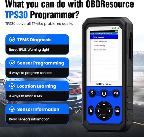 أداة برمجة OBDResource TPMS TPMS TPS30 إصدار 2024 أداة إعادة تعلم TPMS مع 4 قطع من مستشعرات TPMS (315+433 ميجاهرتز) إعادة تعيين تنشيط التشخيص جميع مستشعرات TPMS المعروفة، مستشعرات TP القابلة للبرمجة in Kuwait
