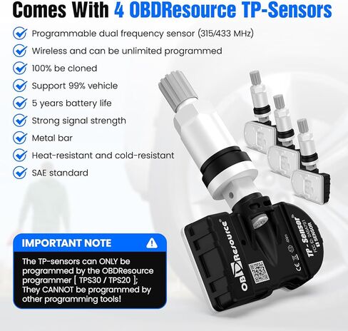 أداة برمجة OBDResource TPMS TPMS TPS30 إصدار 2024 أداة إعادة تعلم TPMS مع 4 قطع من مستشعرات TPMS (315+433 ميجاهرتز) إعادة تعيين تنشيط التشخيص جميع مستشعرات TPMS المعروفة، مستشعرات TP القابلة للبرمجة in Kuwait