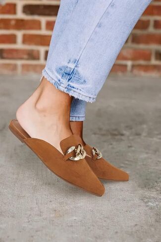 Mskilder Mules for Women Flats Metal Chain Pointed Toe Slip-on Backless Loafers Slides Flat Shoes in Saudi Arabia