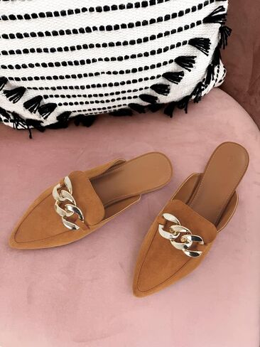 Mskilder Mules for Women Flats Metal Chain Pointed Toe Slip-on Backless Loafers Slides Flat Shoes in Saudi Arabia