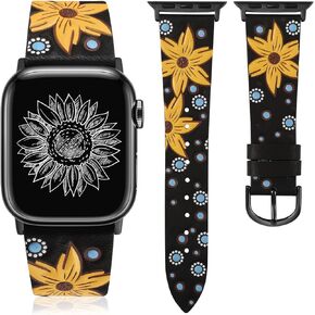 Minyee Leather Band Compatible with Apple Watch Band 41/40/38/44/45/49/42mm Women, Dressy Designer Embossed Leather Wristband Sunflower Pattern Strap for iWatch Ultra 2, Series 9/8/7/6/5/4/3/2/1/SE