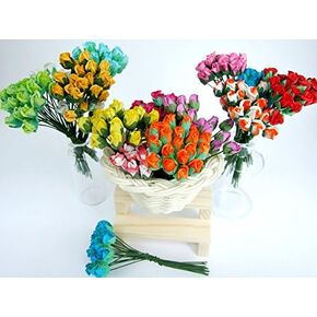 Assorted 100 Tiny Rose Bud Mulberry Paper Flower Artificial Craft Scrapbook Wedding Supply Accessory DIY, 2 Tone Style Blue Green White Red Yellow Pink Red Color, Size 0.5 cm.