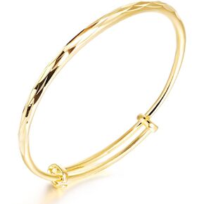 L & J 18k Yellow Gold Classical Diamond Cut Adjustable Bangle Bracelet for Women