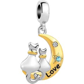 Cat Couple Sitting on Moon Charm Compatible With Pandora Charms Bracelets